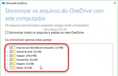 Configurar OneDrive para sincronizar pastas específicas