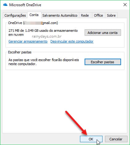 Fechar janela configurações Microsoft OneDrive