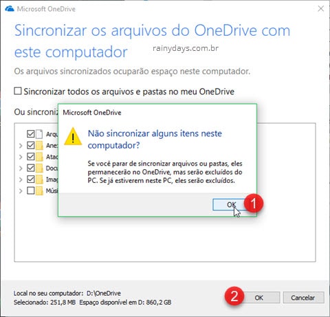 Não sincronizar alguns itens neste computador OneDrive