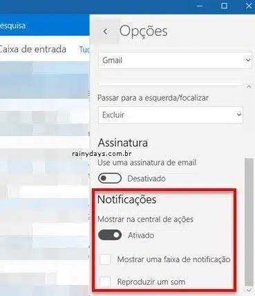 notificações do app email Windows 10