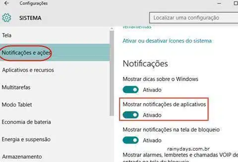 notificações e ações do Windows 10