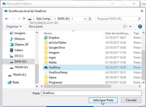 Selecionar local do OneDrive no Windows
