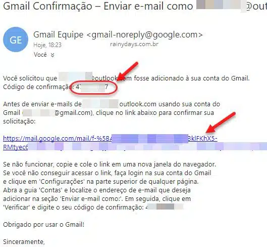 email de confirmação adicionar endereço no Gmail