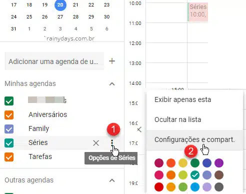 Opções de agenda configurações e compart Google Agenda