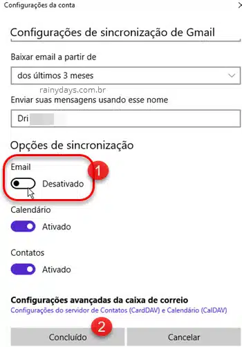 OpçÕes de sincronização Email Calendário Contatos Windows