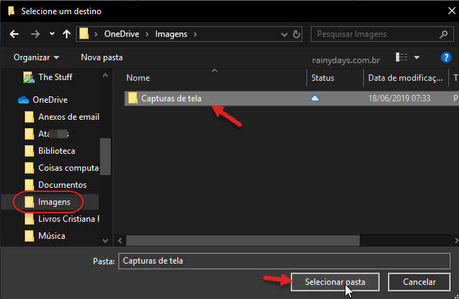 Mover pasta Capturas de Tela do Windows para OneDrive ou Dropbox