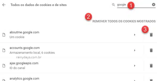 Remover todos os cookies de sites específicos Chrome