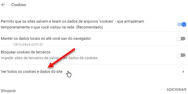 Ver todos os cookies e dados do site Chrome