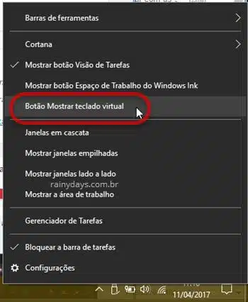 Botão Mostrar teclado virtual no Windows
