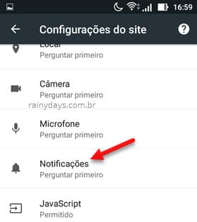 configurações do site notificações Android