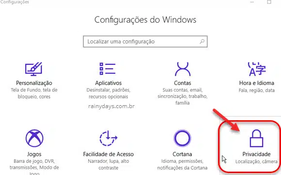 Configurações do Windows Privacidade