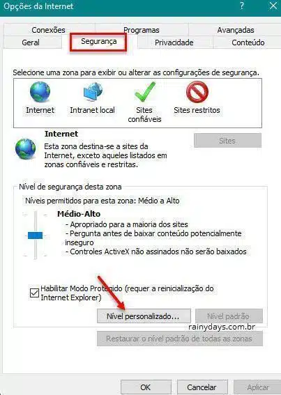 segurança nivel personalizado Internet Explorer