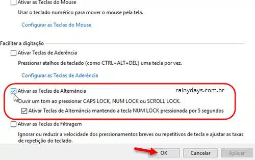 ativar teclas de alternânica no Windows 7