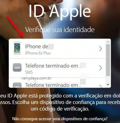 escolher como receber código segurança Apple ID