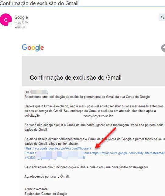 Confirmação de exclusão do Gmail
