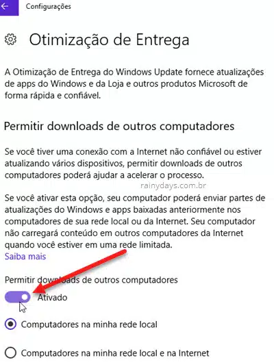 Otimização de entrega do Windows Update, desativar compartilhamento de atualização