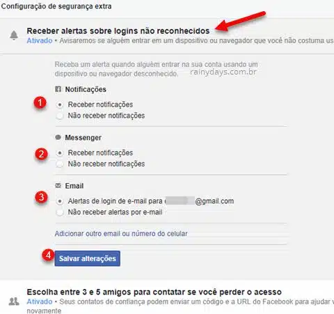 Receber alertas sobre login não reconhecidos Facebook