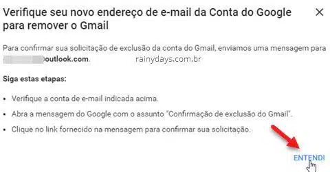 Verifique novo endereço de email da conta Google para remoer Gmail