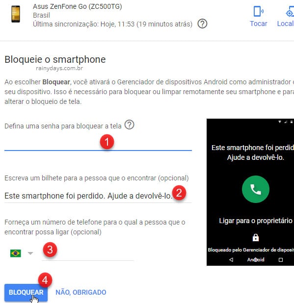 Bloquear smartphone Adicionar mensagem com tel Android Google