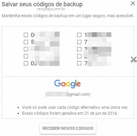 códigos backup da conta Google login duas etapas