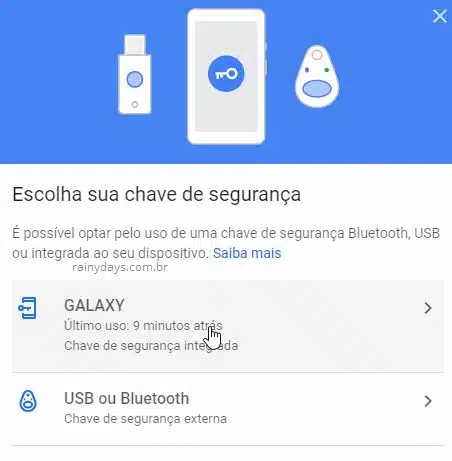 escolha chave de segurança Bluetooth conta Google