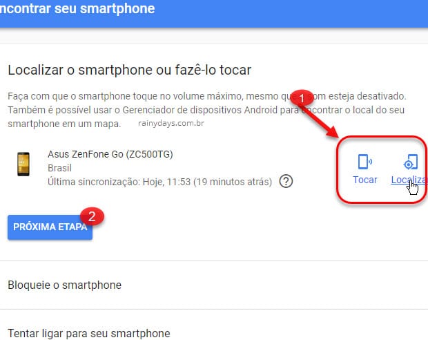 Localizar smartphone ou fazer tocar Android Google