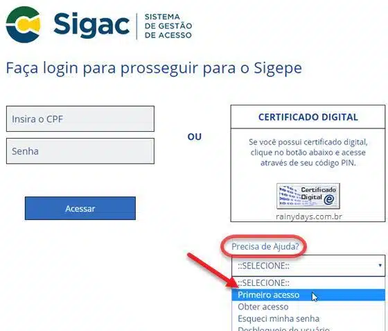 primeiro acesso portal SIGEPE servidor pensionista SIGAC