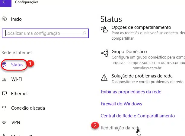Configurações Status Redefinição de Rede Windows 10