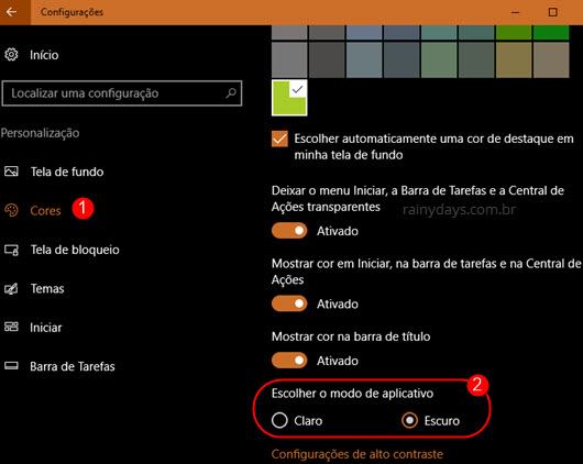 Selecionar tema escuro no Windows 10