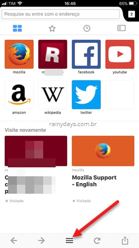 ícone três traços menu Firefox iOS