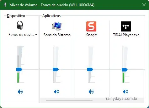 Mixer de Volume do Windows volumes individuais