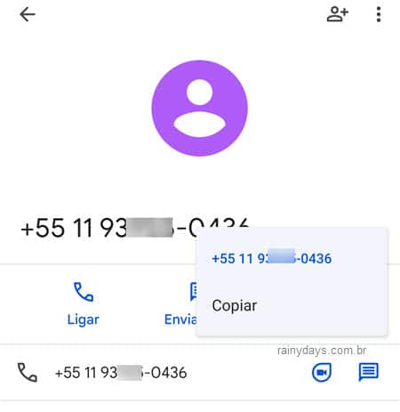 Copiar número que enviou SMS spam celular