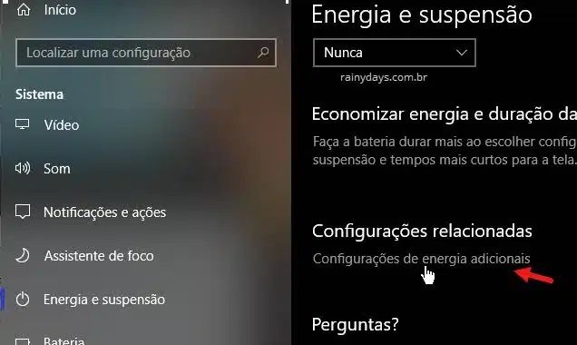 Configuracões de energia adicionais Windows