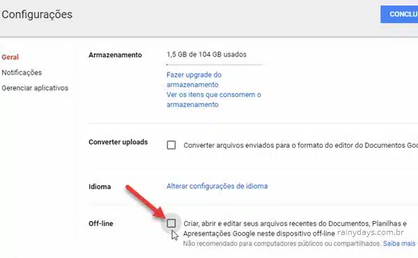 Configurações offline Google Drive