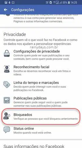Configurações Privacidade Bloqueados Facebook app