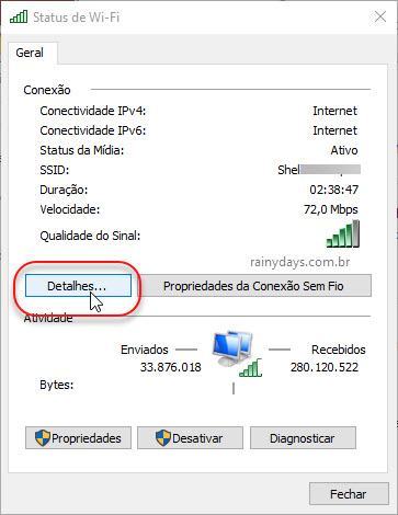 Detalhes da Conexão Status de WiFi Windows