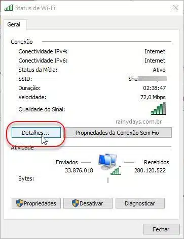 Detalhes da Conexão Status do Wi-fi Windows