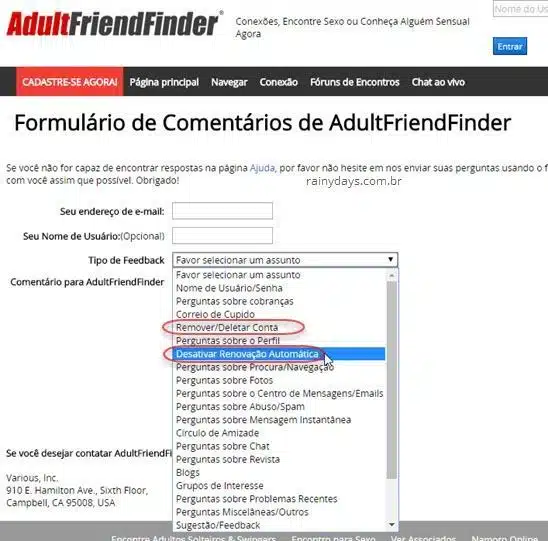 Entrar em contato suporte AdultFriendFinder