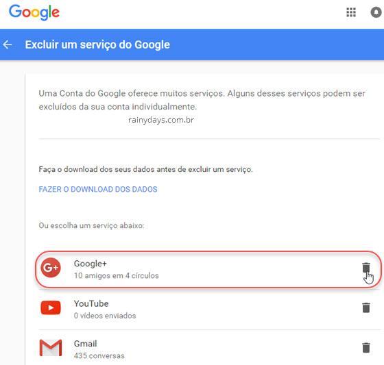 Excluir um serviço do Google Google Plus