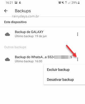 Ícone três bolinhas excluir backup desativar backup WhatsApp app Drive Android