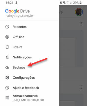 Menu backups app Google Drive Android