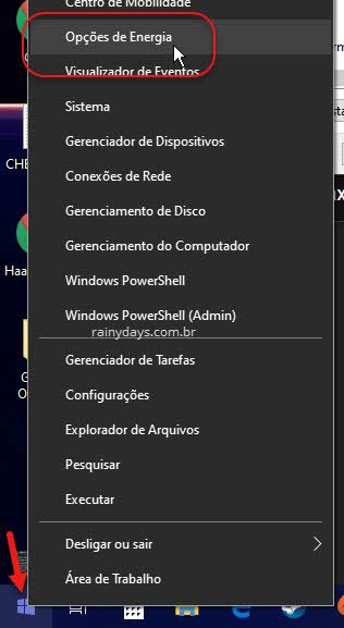 Opções de energia no menu WinX do Windows