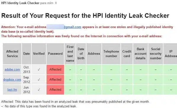 email HPI sobre vazamento de dados