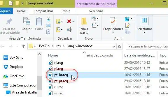 pt-br menu de contexto do PeaZip Windows