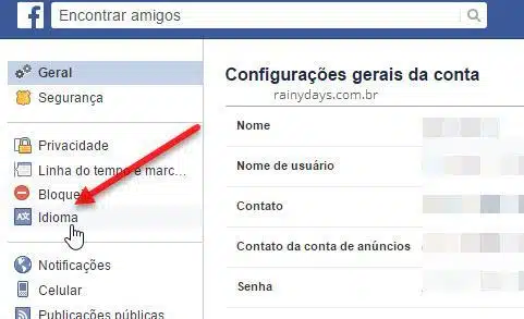configurações de Idioma Facebook