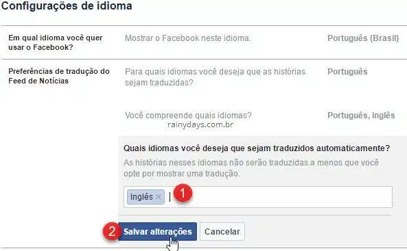 Preferências de tradução Facebook não traduzir automático