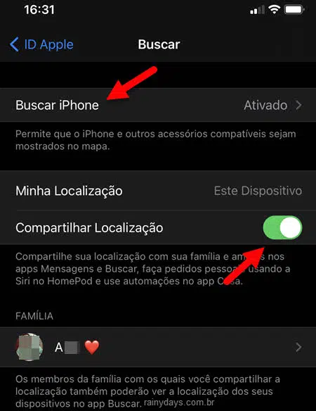 Buscar iPhone, compartilhar localização Família