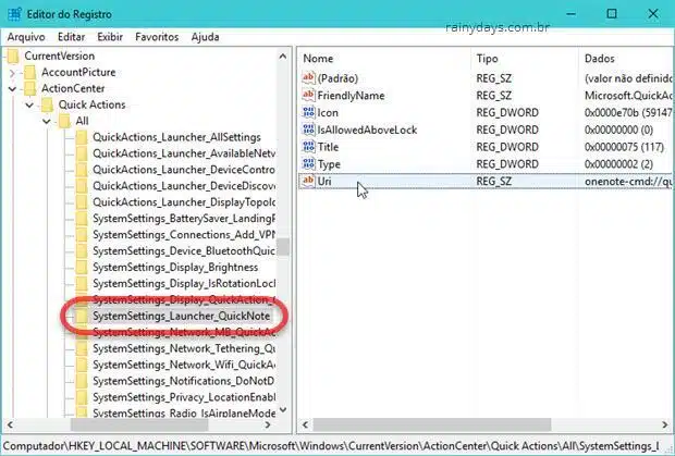 chave do Registro botão Anotação Ações Rápidas do Windows