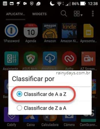 Classificar apps do ZenFone em ordem alfabética