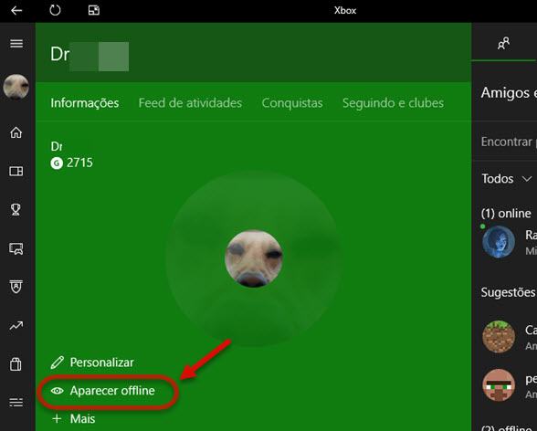 Como aparecer offline para amigos do Xbox App no Windows